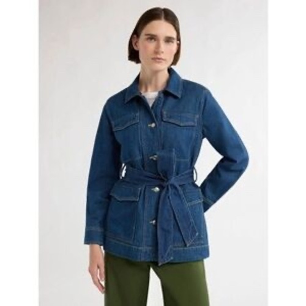 Free Assembly Womens Blue Denim Belted Field Jacket Medium Utility Chore Coat